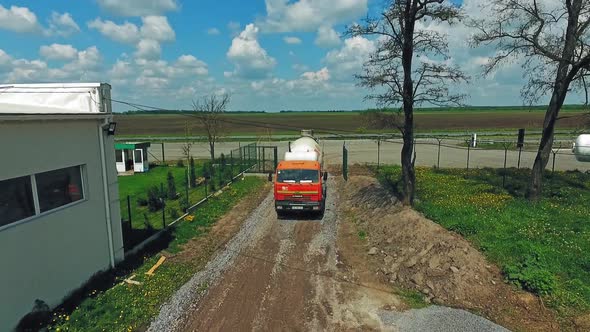 Industrial construction view. Aerial view of construction site with machinery alt
