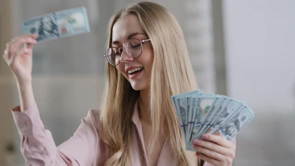 Happy Caucasian Business Woman in Glasses Rich Successful Girl Winner Female Throws Money in Air alt
