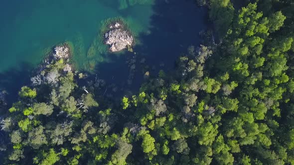 Aerial drone shot of a lake bay with trees, rocks and emerald water. alt