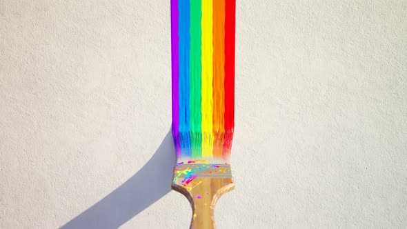 Paintbrush leaving stripe of colorful paint on a white wall. Lgbt symbol. 4KHD alt