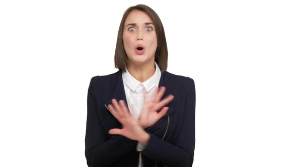 Portrait of Determined Young Woman with Dark Short Hair Expressing Definite Rejection Feeling alt