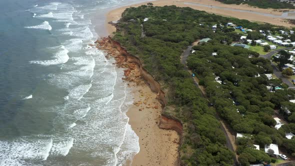 AERIAL Anglesea Coastline, Holiday Park And River Heads, Australia alt