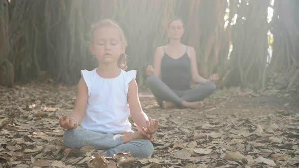 Little Child Girl with Young Mother Meditating Together Under Banyan Tree