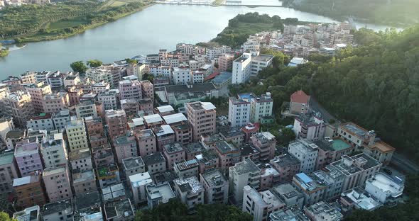 Aerial footage of urban village landscape in Shenzhen city,China alt