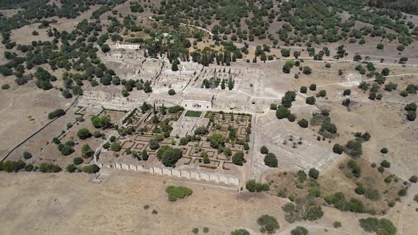 Aerial drone view of the Caliphate City of Medina Azahara in Cordoba. Archaeological site