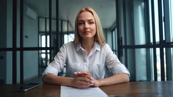 Webcam View of Female Hr Recruitment Manager Talking with Candidate During Distance Interview alt