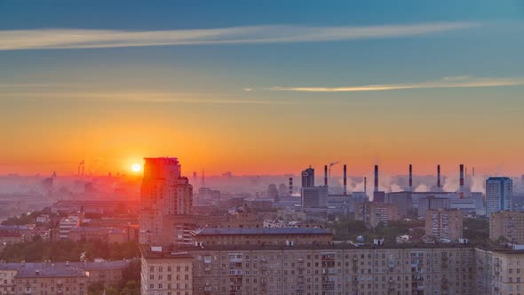 Residential Buildings Stalin Skyscrapers and Panorama of City at Sunrise Timelapse in Moscow Russia alt