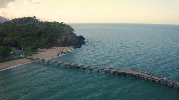 Aerial, Beautiful Seascape And A  Pier And Beach  In Palm Cove, Queensland, Australia