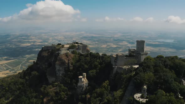 Drone footage of Erice, Old Castle on the Hill in Island of Sicily Italy 4K