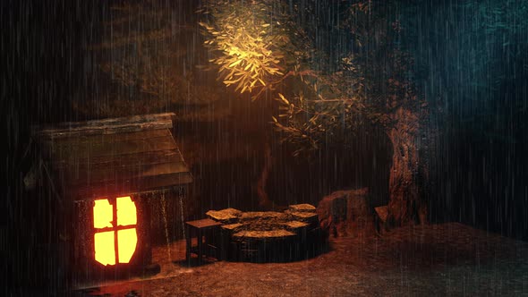 Warm Lights From The Little House In The Middle Of A Rainy Night, Weather Rainy Nature