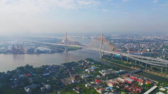Aerial view of Bhumibol Bridge and Chao Phraya River in structure of suspension architecture alt