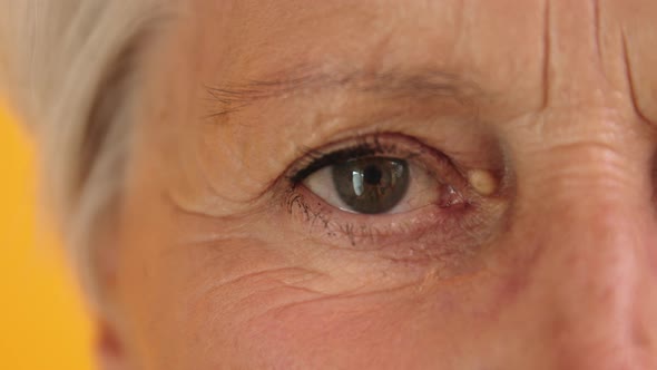 Macro Shot of Green Eye of an Old Woman. Opening the Eye alt