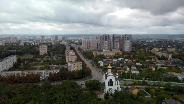 Kharkiv city cathedral aerial. Scenic cityscape