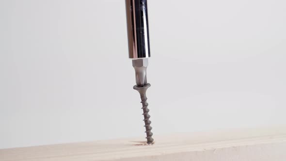 Closeup of a Black Selftapping Screw Being Driven Into a Wooden Beam with a Phillips Screwdriver alt