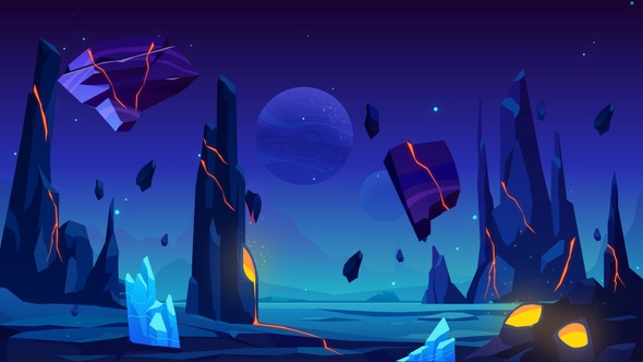 Alien Planet Landscape - Space Game Night Background - Mystery - Cartoon Animations