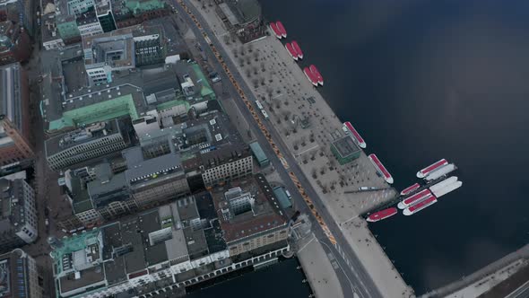 Aerial View of Pedestrians Walking on Hamburg Jungfernstieg Promenade By Binnenalster Lake alt