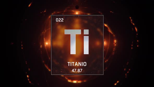 Titanium as Element 22 of the Periodic Table on Orange Background in Spanish Language