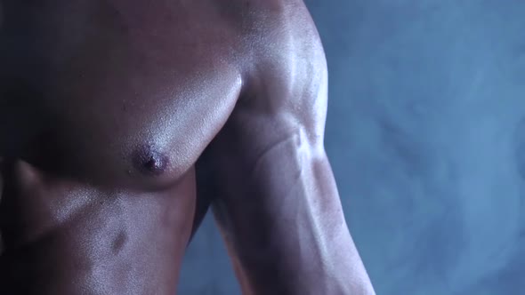 Closeup Bodybuilder Training Biceps with a Barbell. Black Background. Slow Motion alt