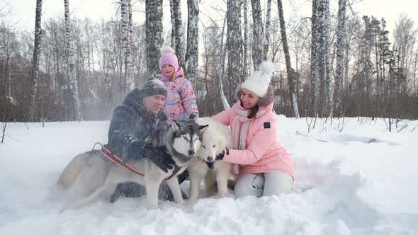 Family of Three Have Fun with Sledge Dogs on Snow alt