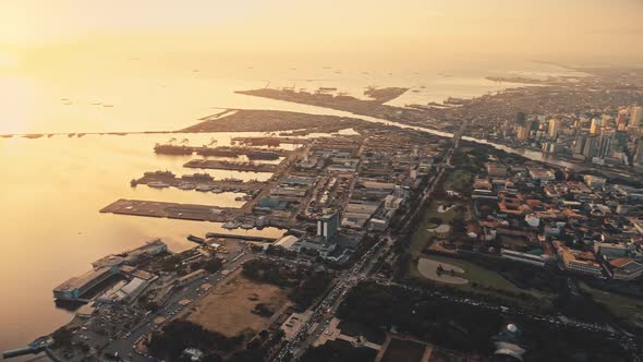 Sunset Over Ocean Bay at Port Cityscape Aerial