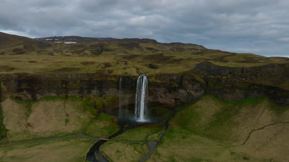 Aerial View of the Seljalandsfoss  Located in the South Region in Iceland alt