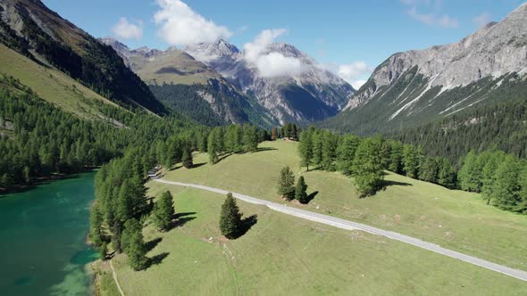 Aerial View Mountain Valley with Alpine Palpuogna Lake in Albulapass Swiss Alps alt