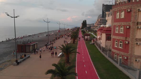 Drone flies along new Batumi boulevard.Georgia alt