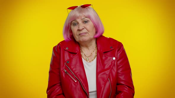 Displeased Unpleasant Upset Senior Grandmother Wave Hand Shake Head Dismiss Idea Dont Like Proposal alt