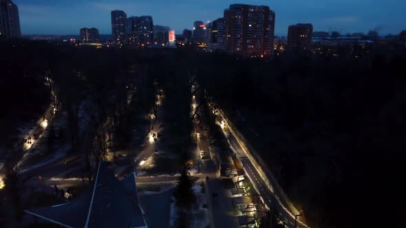 Aerial view evening Sarzhyn Yar Kharkiv city park