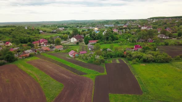Aerial View of Village and Fields in Western Ukraine