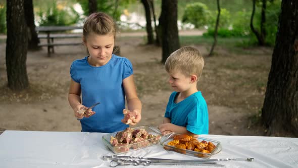 Little boy and girl on a picnic in the Park. They put raw pickled meat on iron skewers.