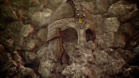 Ancient Medieval Helmet Embedded In A Rock alt