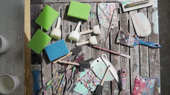 Top view of painting tool. Street art and graffiti concept alt