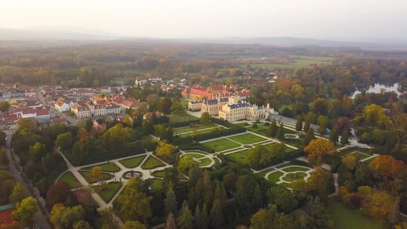 Aerial View of Small Town Lednice and Castle Yard with Green Gardens in Moravia Czech Republic alt
