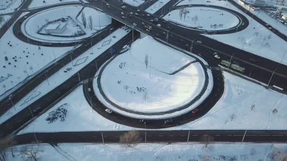 Top View of the Road Junction Winter Sunny Day