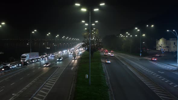 Night Traffic On A Big Road With A Bridge, Time Lapse, Traffic, Many Cars, Night