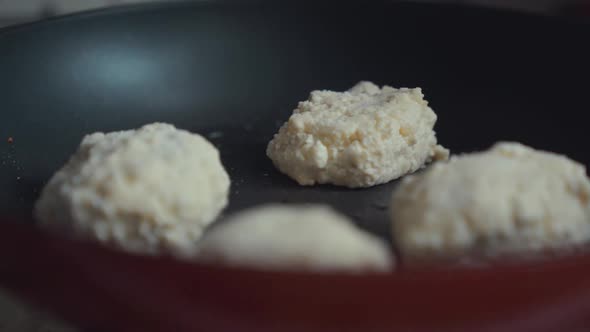 Process of Making Ricotta Cottage Cheese Thick Pancakes , Frying Pan, Close Up