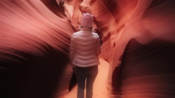 Camera Following Woman Traveler Exploring Magical Cinematic Antelope Canyon USA alt
