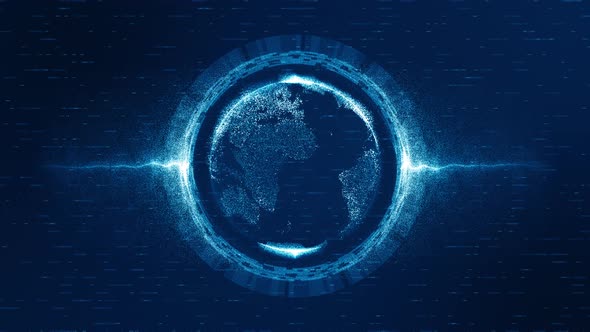 Blue digital earth sphere futuristic technology icon with energy particles ball abstract backgrounds
