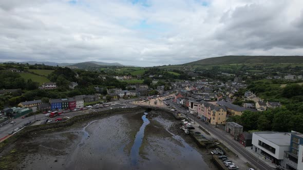 Bantry town in south west County Cork, Ireland push in aerial drone view alt