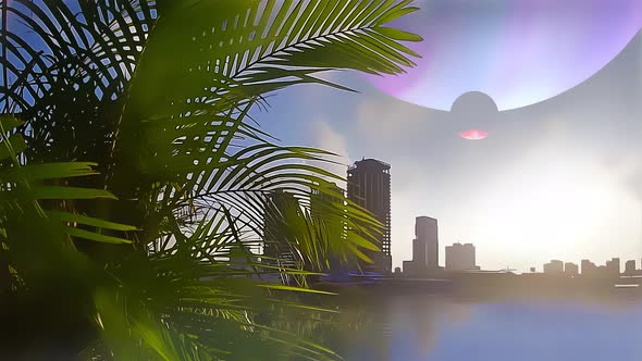 Anime Sky Over Skyscrapers Of City Of A Colony On Another Planet