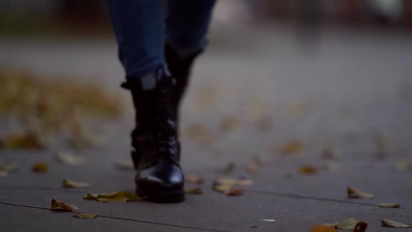 Female Feet Walking Over Asphalt with Dry Foliage at Autumn Day, Closeup View alt