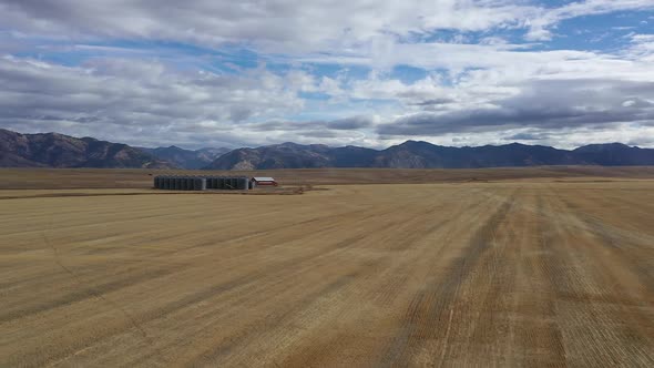 Flying over cut wheat field towards grain bins in Idaho alt