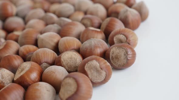 Pile of Corylus avellana nuts  close-up  4K 2160p 30fps UltraHD panning footage - Slow pan over ripe alt