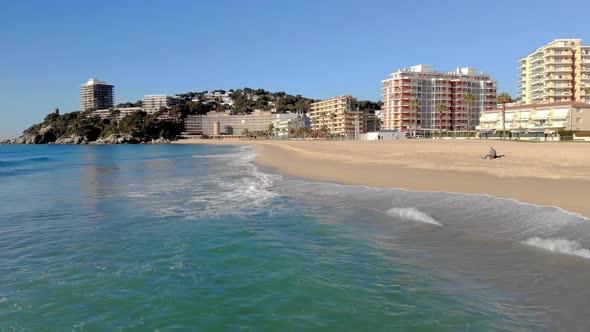 Aerial drone footage on the beach  in Costa Brava alt