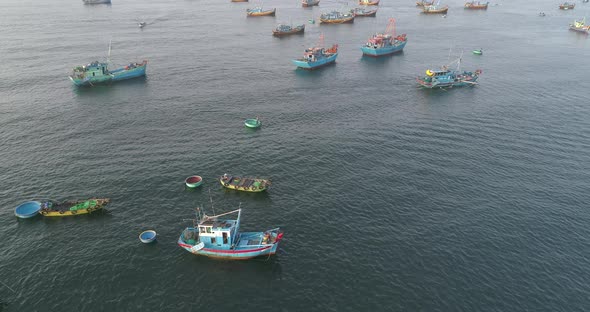 Top view, aerial view fishing harbor from the drone. Phan Thiet city, Vietnam