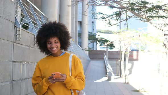 Beautiful Woman Using Phone Walking On Street. Portrait Of Stylish Smiling Business Woman alt