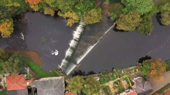 Aerial top down drone footage of the beautiful village of Knaresborough in North Yorkshire alt