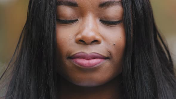 Closeup Beautiful Joyful African American Girl Looking at Camera Portrait Young Woman Wide Smiling alt