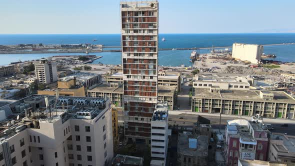 3A drone aerial shot flying up to reveal Port of Beirut